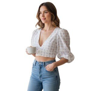 For Love And Lemons Puff Sleeve Embroidered Crop Top NWT - Size M